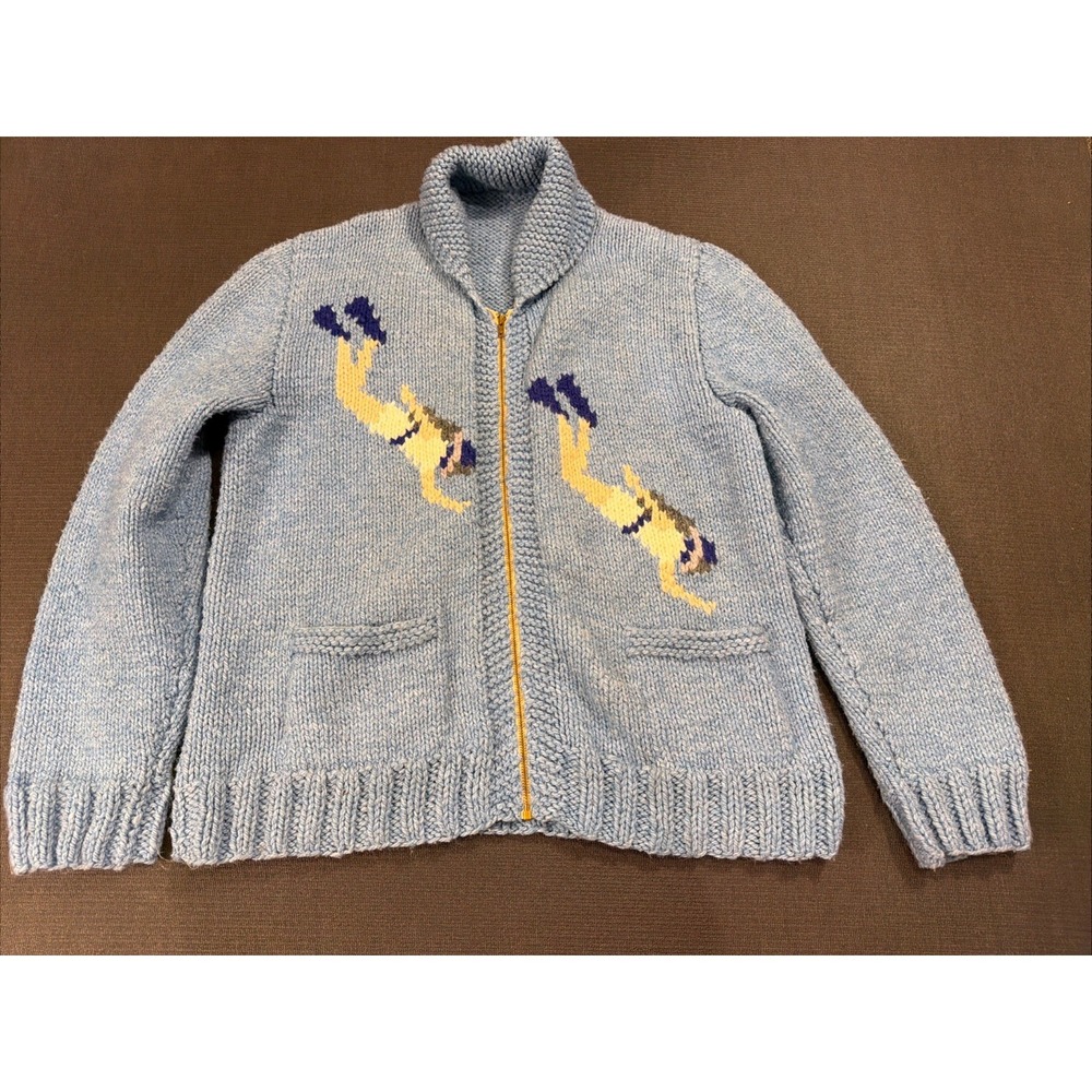 1950s MARY MAXIM Vintage Dive Raglan Hand Knit Zip Cowichan Cardigan Rare XXL